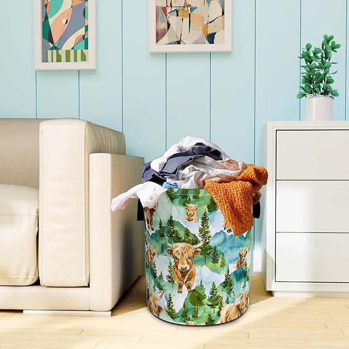 Highland Cattle Laundry Basket Grassland Oxford Cloth Laundry Hamper With Handle Foldable Portable Clothes Storage Basket 18.9 X 16.5 In Storage Bag For Laundry Room/Bathroom/Bedroom/Dormitories