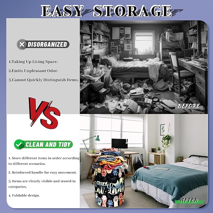 Watercolor Cat Paw Laundry Basket Foldable Funny Animal Cats Laundry Hamper With Handle Oxford Cloth Portable Clothes Storage Organizer Basket 18.9"x16.5"Laundry Bag For Laundry Room/Bedroom/Bathroom