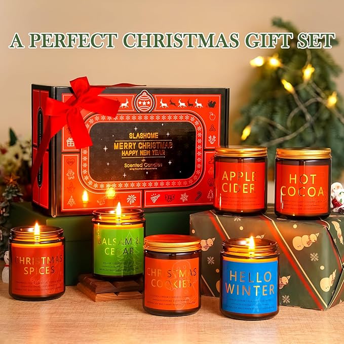 Christmas & Winter Candle Gift Set, 6 Pack 7oz Soy Scented Candles for Home, Holiday & Birthday Gift for Women & Men, Balsam Cedar, Christmas Cookies & Spices, Apple Cider, Hot Cocoa & Hello Winter