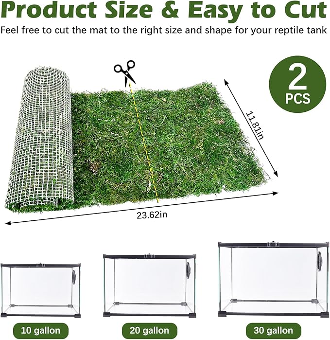 2 PCS Reptile Carpet Cuttable Terrarium Mat Artificial Moss Reptile Liner Green Substrate Flooring Bearded Dragon Tank Accessories for Leopard Gecko Lizard Snake Tortoise (11.81" x 23.62")