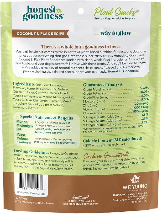 Honest to Goodness Plant Snacks Way to Glow Coconut & Flax Recipe Dog Treats, 8 oz Bag, Plant-Based Dog Treats