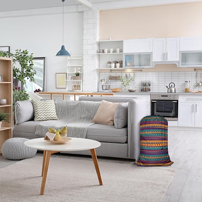 Swono Mexican Texture Heavy Duty Laundry Drawstring Bag with Strap, Indian Style Hand Drawn Abstract Backdrop 28 x 40 Inches Travel Dirty Clothes Bag for Laundromat and Household