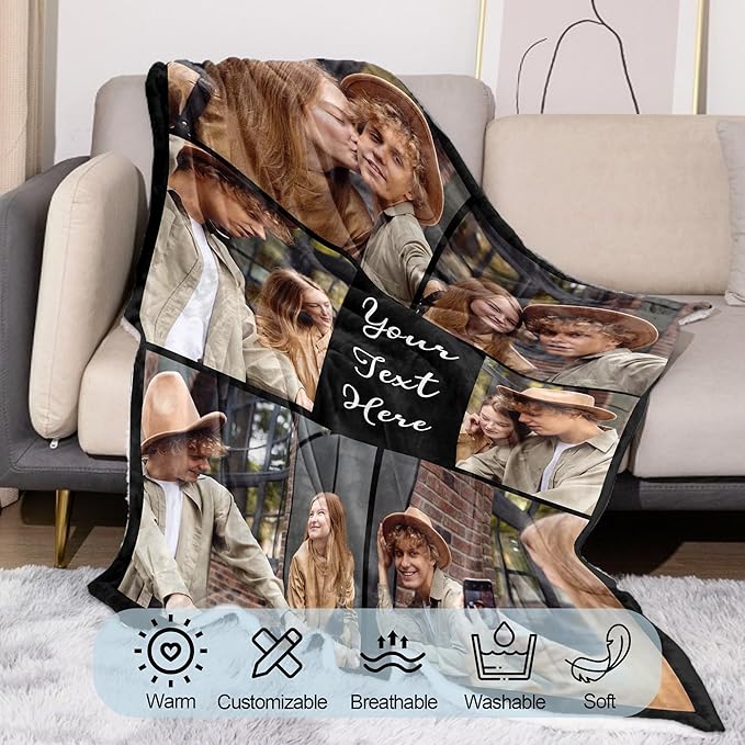 Ships Next Day Custom Photo Blanket for Mothers Day Personalized Thows Blanket with Picture Valentine Day Birthday Gift for Girlfriend Boyfriend Customized Gifts for Her/Him - Printed in USA