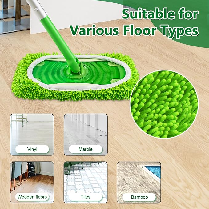 4 Pack Reusable Mop Pads Compatible with Swiffer Sweeper Mop,Wet Pads Refill & Dry Sweeping Cloths,Chenille & Microfiber Refill Pads for Wood Floor Cleaning,Washable Wet Mopping Cloths,Green & Gray