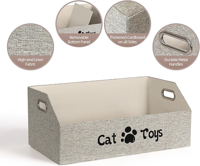 Cat Toy Basket, Kitten Toys Storage Organizer Foldable Fabric Bin Pet Supplies Chest Holder Trapezoid Container with Metal Handles for Organizing Cats Clothes Accessories, Beige