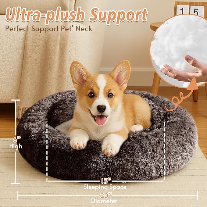 JOLLYVOGUE Small Dog & Cat Beds for Indoor Cats, Donut Cuddler Warming Soft Dog Beds with Anti-Slip Bottom, Round Calming Fluffy Plush Faux Fur Cushion Bed for Small Dogs (20")