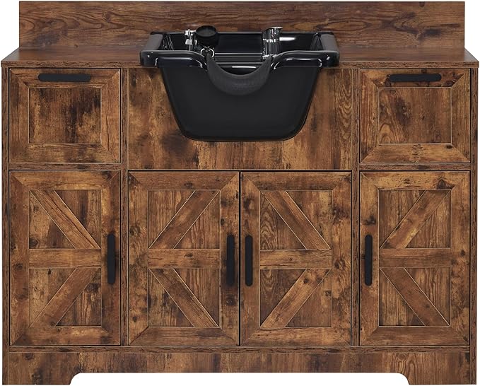 BarberPub Portable Shampoo Station, Shampoo Bowl with Cabinet & Drawer, Salon Geometric Finish Station with Sprayer Faucet, Barber Storage Equipment with Hair Wash Backwash Sink 3439 (Rustic Brown)