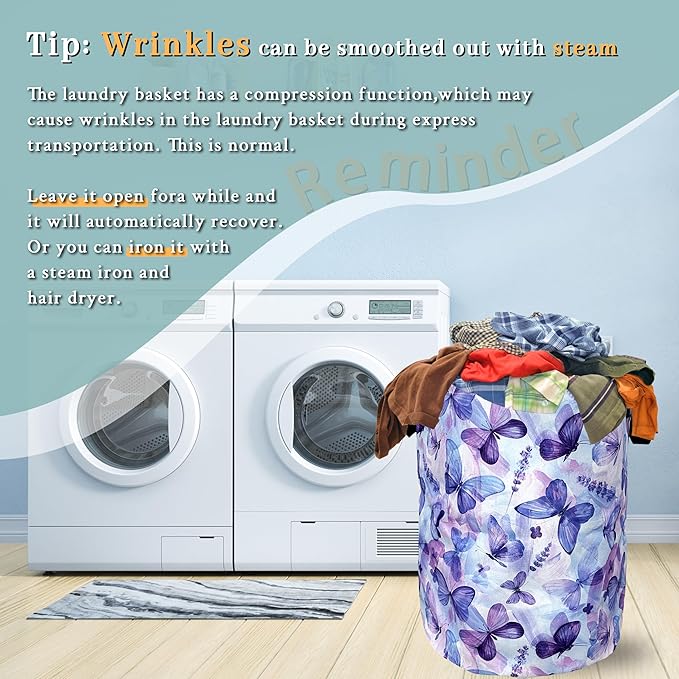 Blue Purple Butterfly Laundry Basket Foldable With Handles Tote Bag Oxford Cloth Colorful Laundry Hamper Clothes Storage Bucket Toy Organizer 18.9" x 16.5" For Bathroom/Laundry/Bedroom