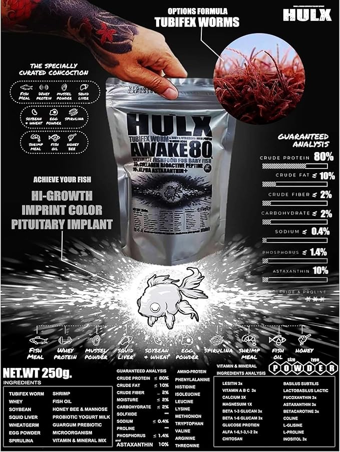 HULX Awake Goldfish Food Sinking for Big Muscle & Mass Weight Gain, Whey Mixed High Protein 60% Fish Food Growth Fast Formula 500 Gram, Healthy, Color Enhancing Clear Water Fish Feed