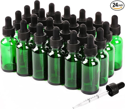 24 Pack,1oz Glass Dropper Bottle,Green Tincture Bottles with Dropper,Pretty Finish for All Kinds of Liquids,Oil Bottles for Hair- Stronger Suction ideal for Leakproof Travel