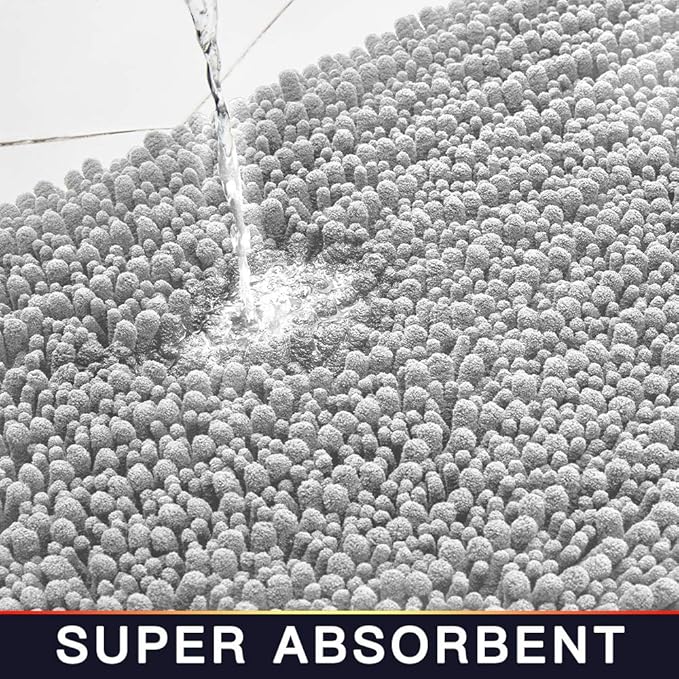 Walensee Bathroom Rug Non Slip Bath Mat (32x20 Inch Light Grey) Water Absorbent Super Soft Shaggy Chenille Machine Washable Dry Extra Thick Perfect Absorbant Best Large Plush Carpet for Shower Floor