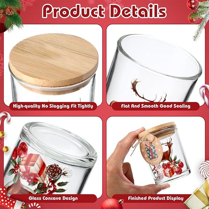 12 Pack Christmas Santa Claus Clear Candle Jars for Making Candles 7 oz Empty Glass Jars with Wood Lids and Blessing Card Snowman Candle Containers for DIY Gifts Home Tea Party Holiday Decor