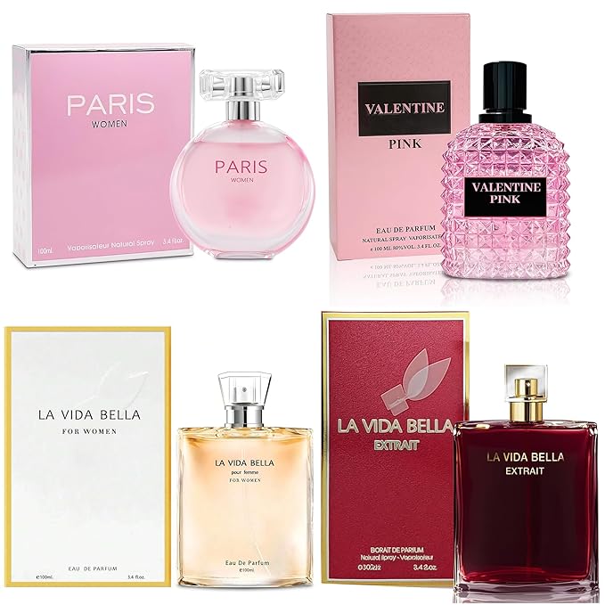 4PCS Perfume Set for Women Fragrance Gift Set with Vanilla,Sweet Fruity Eau De Parfume| 3.4 Fl Oz Each(La Vida Bella,La Vida Bella Ext,Valentine Pink,Paris Women)