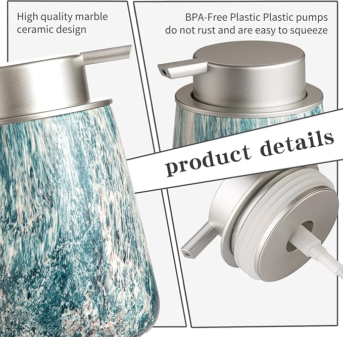 Enra Ceramic Hand Soap Dispenser,12 oz Blue Lotion Dispenser Bathroom Liquid Refillable Dish Soap Dispenser for Bathroom Kitchen with Easy-to-Press Silver Pump (Blue Liquid Type)