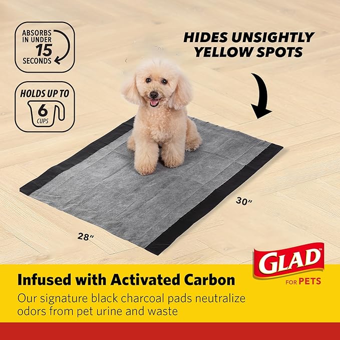 Glad for Pets JUMBO-SIZE Charcoal Puppy Pads, All-in-One | Black Training Pads That ABSORB & Neutralize Urine Instantly | New & Improved Quality Puppy Pee Pads, 30 Count - 2 Pack