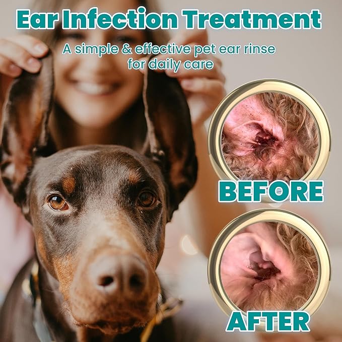 Dog Ear Cleaner, Dog Ear Care Liquid, Dog and Cat Ear Cleaner to Eliminates Ear Odour, Dirt and Debris Pet Ear Cleaner Solution,Remove Wax, Dirt & Stop Smelly, Itchy, Non-Irritating, 4 Fl oz