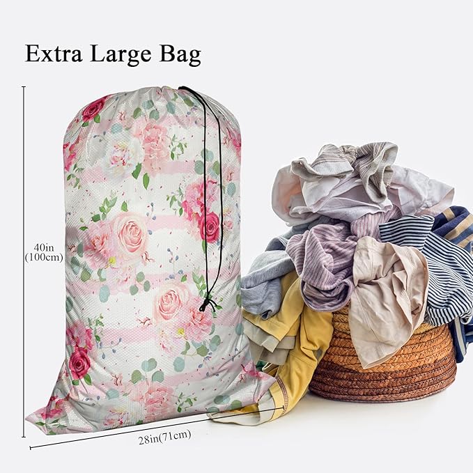 Swono Pink Rose Dining Toy Storage Heavy Duty Basket Laundry Bag with Drawstring Romantic White Peony Bouquets Folding Organizer for Travel Washing Machine, 28x40 Inch, Striped