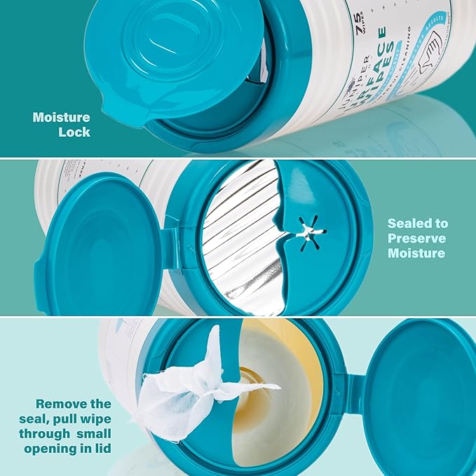 4 Pack Surface Cleaning Wipes Bleach Free, All-Purpose Cleaner for Bathroom, Kitchen, Office, 300 Count Canister, 7.5" x 7" Sheet, Fresh Scent, Lint Free & Durable