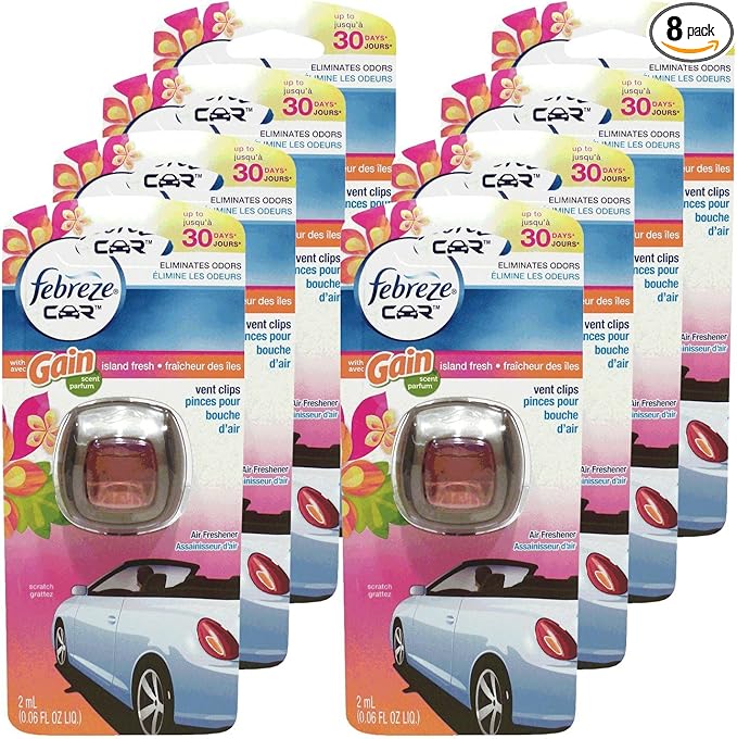 Febreze Car Vent Clips Air Freshener & Odor Eliminator, Gain Island Fresh Scent - 8Piece, Multicolor