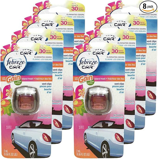 Febreze Car Vent Clips Air Freshener & Odor Eliminator, Gain Island Fresh Scent - 8Piece, Multicolor