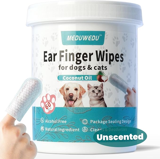 Ear Cleaner Finger Wipes 60 Counts, Dog Ear Cleaner, Grooming Kit Care for Dogs and Cats, Soft & Easy Otic Cleaning Pads, Remove Wax, Dirt & Stop Smelly, Itchy, Non-Irritating, Unscented