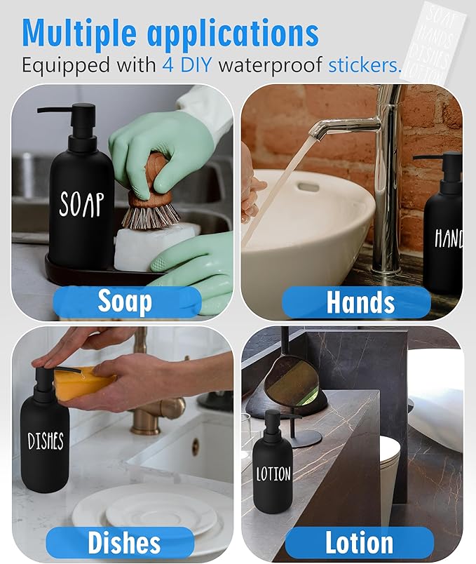 Ceramic Soap Dispenser Set - Elegant Hand Soap Pump with 4 Labels (Soap, Dishes, Lotion, Hands) - Durable & Stylish Design for Kitchen & Bathroom Decor, Refillable Liquid Soap Dispenser