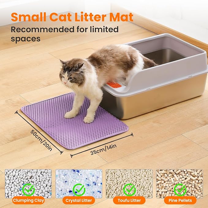 Small Cat Litter Mat, 20x14’’ Double Layer Honeycomb Cat Litter Box Mat, Non Slip Waterproof Urine Proof Litter Trapping Mat for Floor, Kitty Litter Pad, Indoor Pet Supplies, Purple
