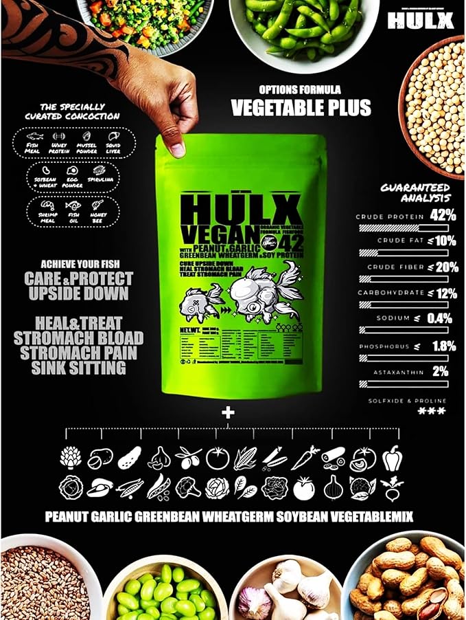 HULX Green Goldfish Food Sinking Pellets for Big Muscle & Mass Weight Gain, Whey Mixed High Protein 60% Fish Food Growth Fast Formula 600 Gram. 1mm, Healthy, Color Enhancing Clear Water Fish Feed