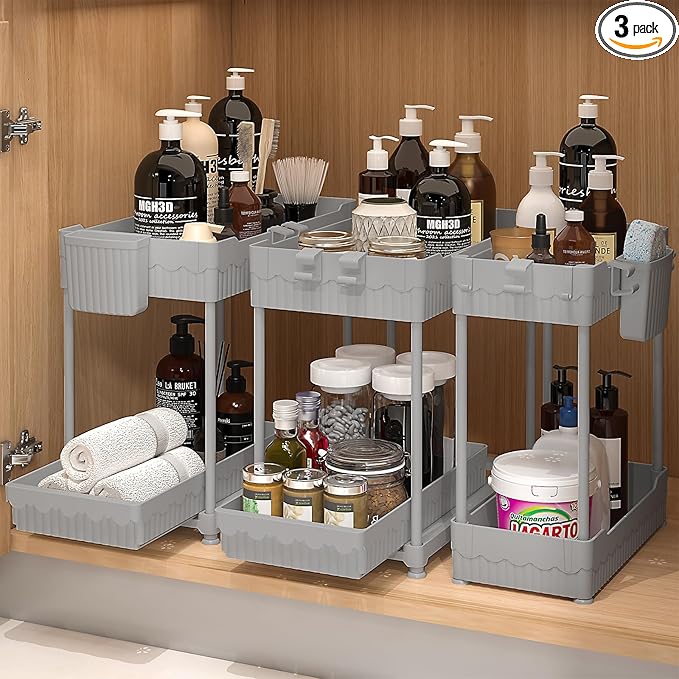 3 Pack Under Sink Organizers, 2-Tier Multi-Use Kitchen and Bathroom Organizers and Storage with Sliding Drawers，Bathroom Cabinet Organizer (Gray, 12.8 Inch)