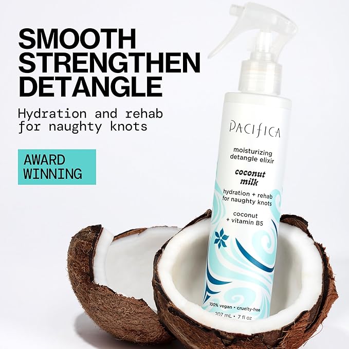 Pacifica Coconut Milk Hair Detangler Spray - Leave In Conditioner Spray, Detangling Elixir Suitable for All Types, Fine and Curly Hair Products, Smoothing, Moisturizing, and Anti-Frizz - 207 mL