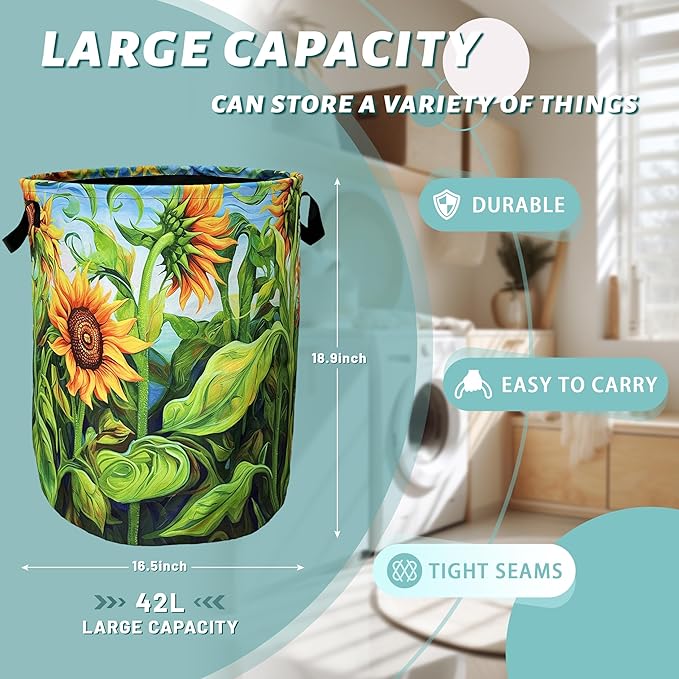 Watercolor Sunflowers Laundry Basket Foldable With Handles Colorful Tote Bag Oxford Cloth Laundry Hamper Clothes Storage Bucket Toy Organizer 18.9" x 16.5" For Bathroom/Laundry/Bedroom