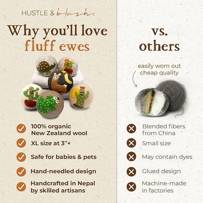 Fluff Ewes Wool Dryer Balls 6 Pack Premium New Zealand Wool Laundry Balls for Dryer, No Static Dryer Balls Laundry Reusable, XL Wool Dryer Balls Cute, Baby Dryer Balls for Dryers - Kiss My Cactus