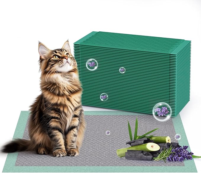 Cat Pads Refills for Litter Box, Lavender Scented 16.9"x11.4" Odor Control Cat Pee Pads with Activated Carbon for Breeze Litter System(40Counts/Green)