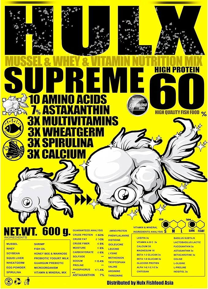 HULX Goldfish Food Sinking Pellets for Big Muscle & Mass Weight Gain, Whey Mixed High Protein 60%, Astaxanthin 7% Fish Food Growth Fast Formula 1.32 Lb.(600 Gram.) 1mm, Healthy, Color Enhancing