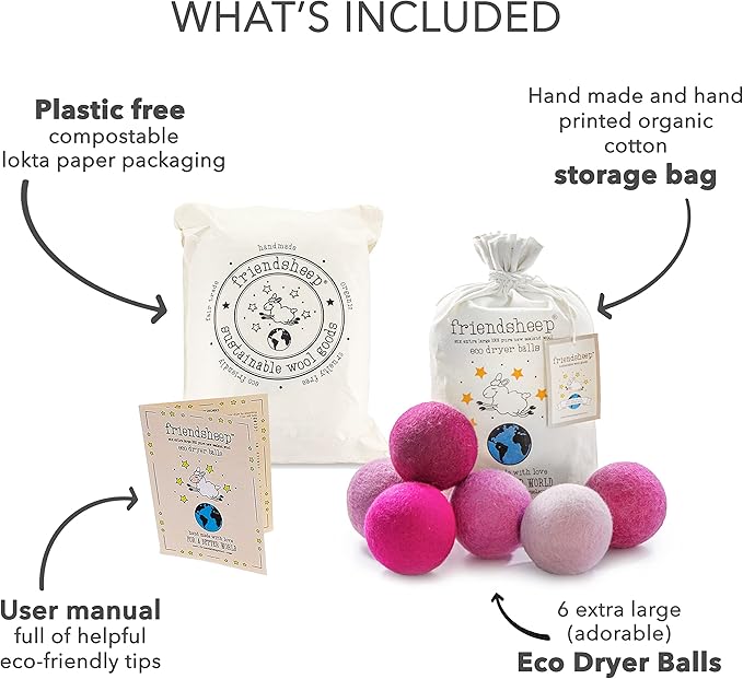 Friendsheep Wool Dryer Balls, Organic Reusable Fabric Softener Alternative for Laundry, Handmade, Fair Trade, Hypoallergenic, Eco-Friendly, Plastic-Free (6 Pack XL - Pink Valentine)