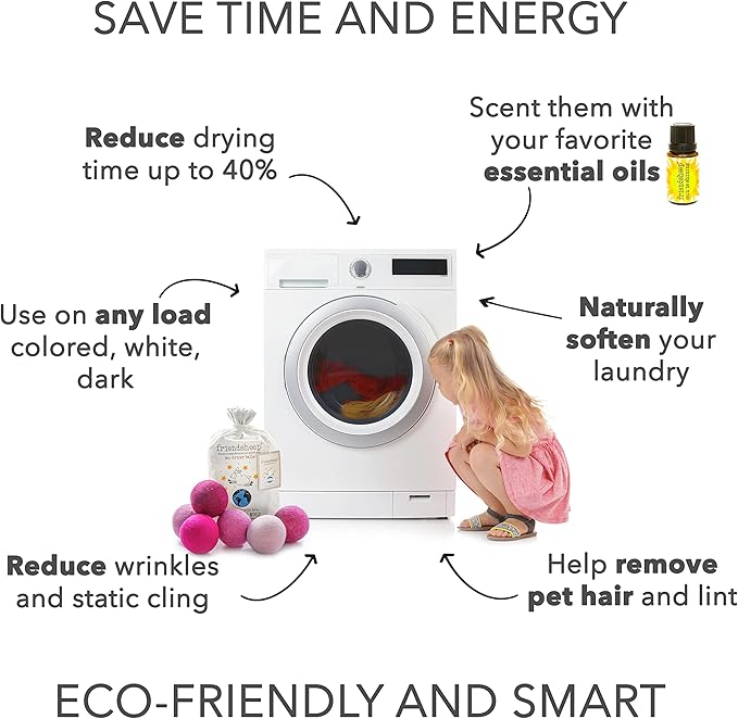 Friendsheep Wool Dryer Balls, Organic Reusable Fabric Softener Alternative for Laundry, Handmade, Fair Trade, Hypoallergenic, Eco-Friendly, Plastic-Free (6 Pack XL - Pink Valentine)