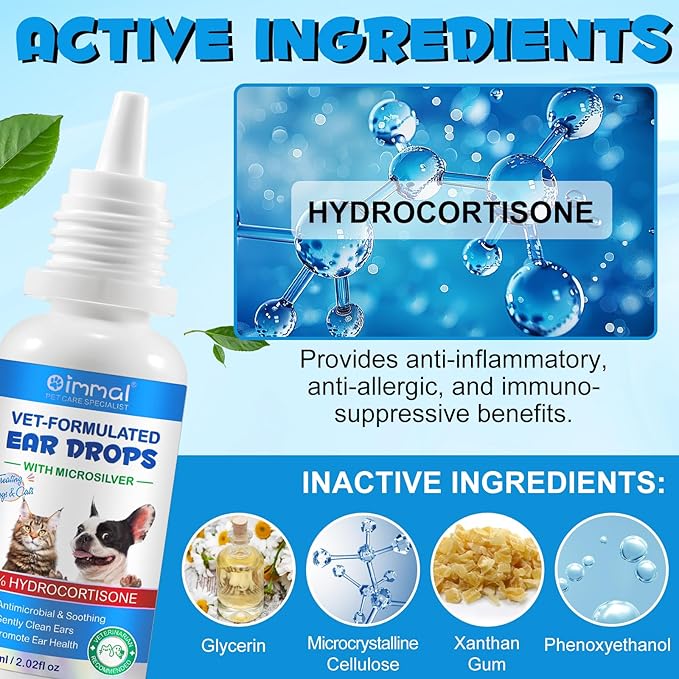 2 Pack Cat & Dog Ear Infection Treatment Drops, Ear Cleaner to Soothe and Relieve Itchness, with 1% Hydrocortisone for Dog Ear Infections, Prevents Inflammatio, Treats Ear Infections