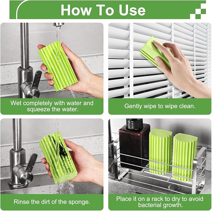 4-Pack Damp Clean Duster Sponge, Sponge Cleaning Brush, Duster for Cleaning Blinds, Glass, Baseboards, Vents, Railings, Mirrors, Window Track Grooves and Faucets Green Non-Scratch Sponges