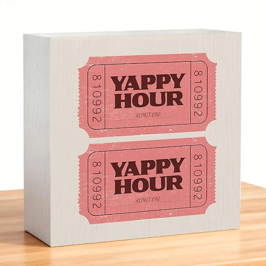 Yappy Hour Dog Party Bar Wooden Box Sign, Dog Lover Gifts, Retro Pink Ticket Pet Wood Signs for Bar Pub Cafe Restaurant Party Desk Table Shelf Decorations, 5x5 Inch