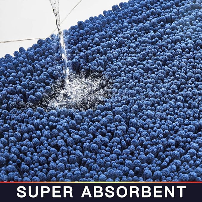 Walensee Bathroom Contour Rug Non Slip Toilet U Shaped Bath Mat (20x24, Dark Blue) Water Absorbent Super Soft Shaggy Chenille Machine Washable Dry Extra Thick Perfect Absorbant Best Plush Carpet