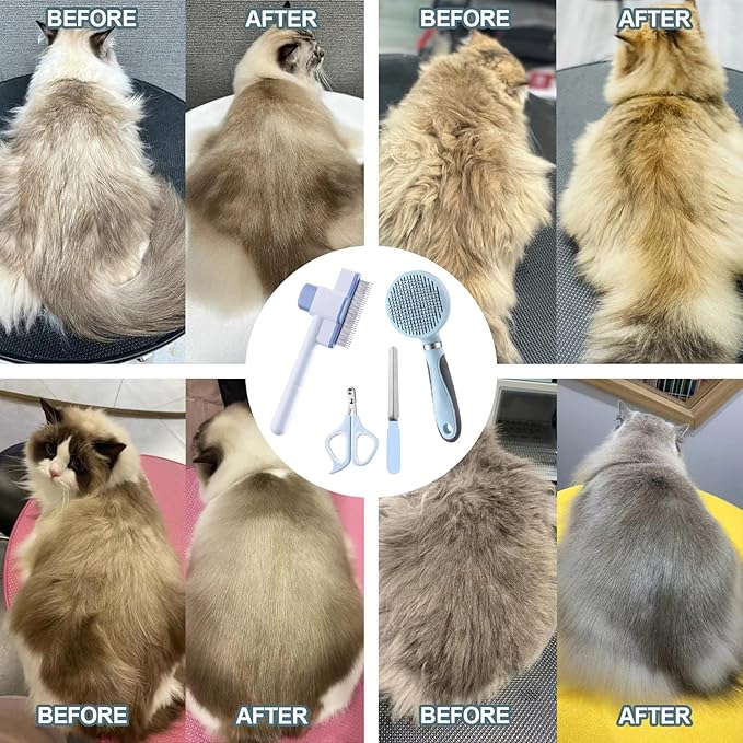 Cat Grooming Kit, 4-in-1 Cat Grooming Tools with Cats Brush, Flea Comb, Nail Clipper & Trimmer - Deshedding & Dematting for Pets Hair and Paws, Pet Shedding Set for Indoor Dogs & Cats (Blue)