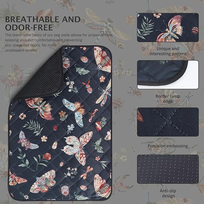 IEUUMLER Washable Pee Pads for Dogs, 2 Pack Insect Pattern Reusable Waterproof Puppy Potty Pads, Non-Slip Absorbent Pet Training Pads for Playpen Crate Bed EU014