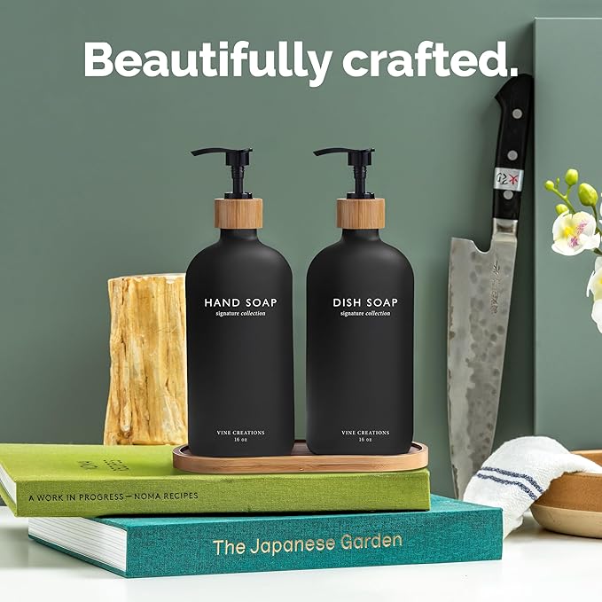 Vine Creations Black Glass Soap Dispenser Set, Hand Soap and Dish Soap Dispenser Set with Bamboo Tray, 16 oz Glass Dispensers Bottle for Kitchen and Bathroom Decor Modern Boho with Bamboo Pump (Black)