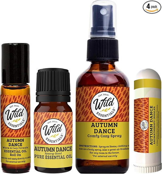 Wild Essentials Autumn Dance Aromatherapy Gift Set – Inhaler, Roll-On, Room Spray & Essential Oil – Seasonal Comfort Blend – USA Made