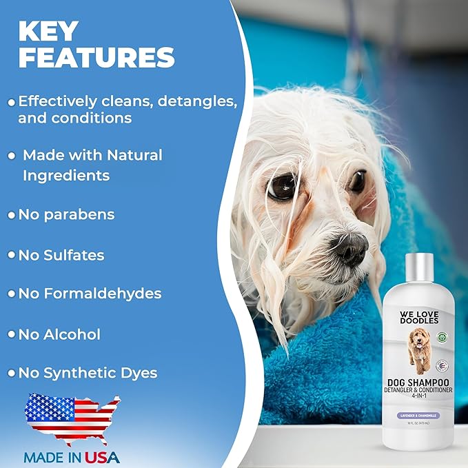 We Love Doodles Dog Shampoo, Conditioner, & Detangler - Shampoo for Dogs, Goldendoodles, Poodles & Doodles, for Matted Pet Hair & Sensitive Skin, Made in The USA, Lavender, 16 oz