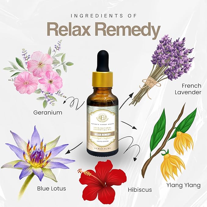 Relax Remedy Essential Oil Blend by Enhanced Essentials|Slow-Distilled French Lavender, Ylang Ylang, Geranium, Hibiscus & Blue Lotus | Emotional Calm, Mood Harmony & Deep Relaxation |1 fl oz (30 ml)