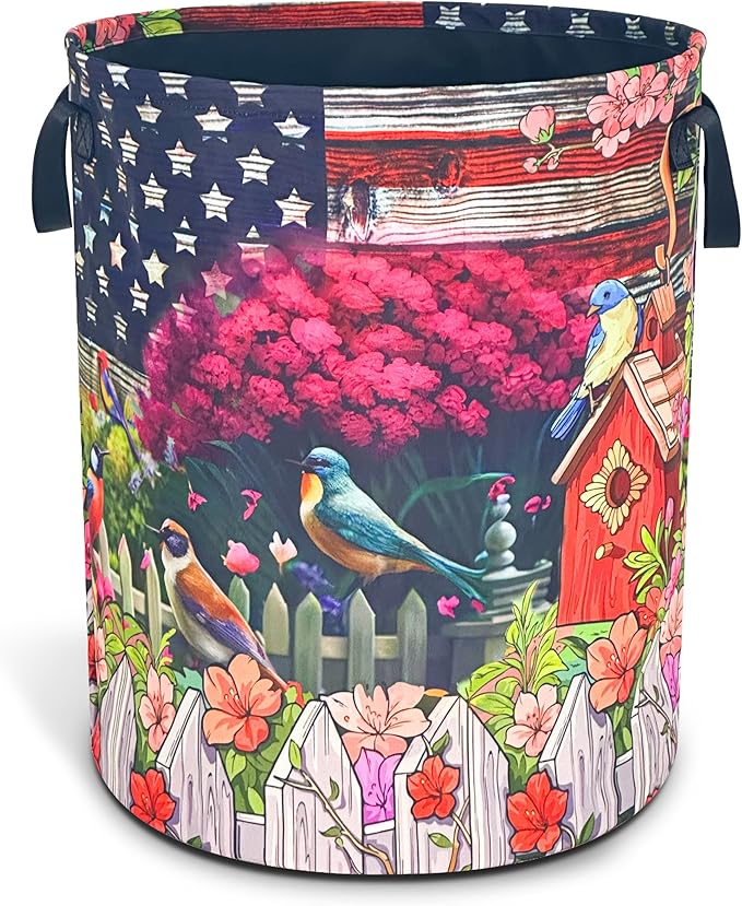 American Flag Garden Birds Laundry Basket Oxford Cloth Laundry Hamper With Handle Foldable Portable Clothes Storage Basket 18.9 X 16.5 In Storage Bag For Laundry Room/Bathroom/Bedroom/Dormitories