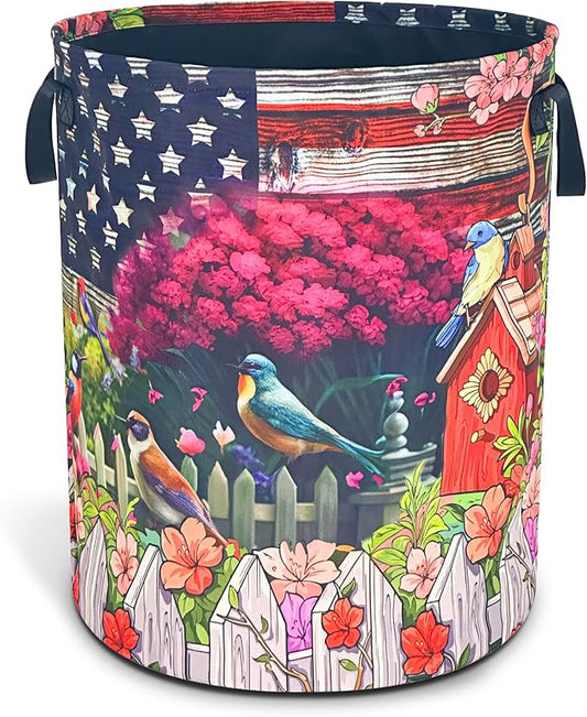 American Flag Garden Birds Laundry Basket Oxford Cloth Laundry Hamper With Handle Foldable Portable Clothes Storage Basket 18.9 X 16.5 In Storage Bag For Laundry Room/Bathroom/Bedroom/Dormitories