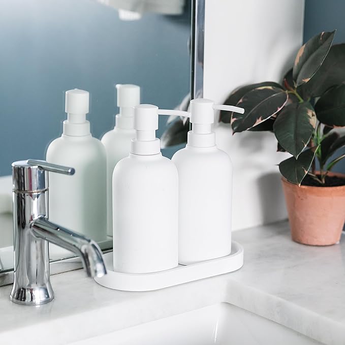 Matte White Soap Dispenser Set with Tray, 2 Pack 15oz Round Rustproof Liquid Hand Dish Soap Dispensers with Tray for Kitchen Sink, Countertop, and Bathroom
