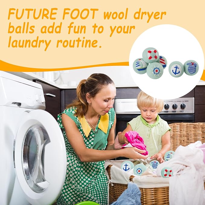 Wool Dryer Balls XL Size 6 Pack - Fun Dryer Balls with Ocean Pattern Cute Dryer Balls Laundry Reusable Anti Static Handmade New Zealand Wool Balls (Nautical Pattern)